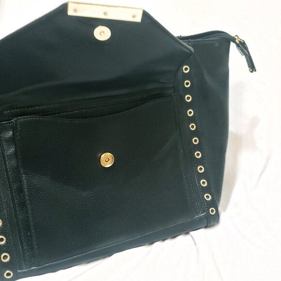 Nine West Black Satchel Handbag Purse Grommets Double Strap Bottom Stud 10" - Picture 2 of 9